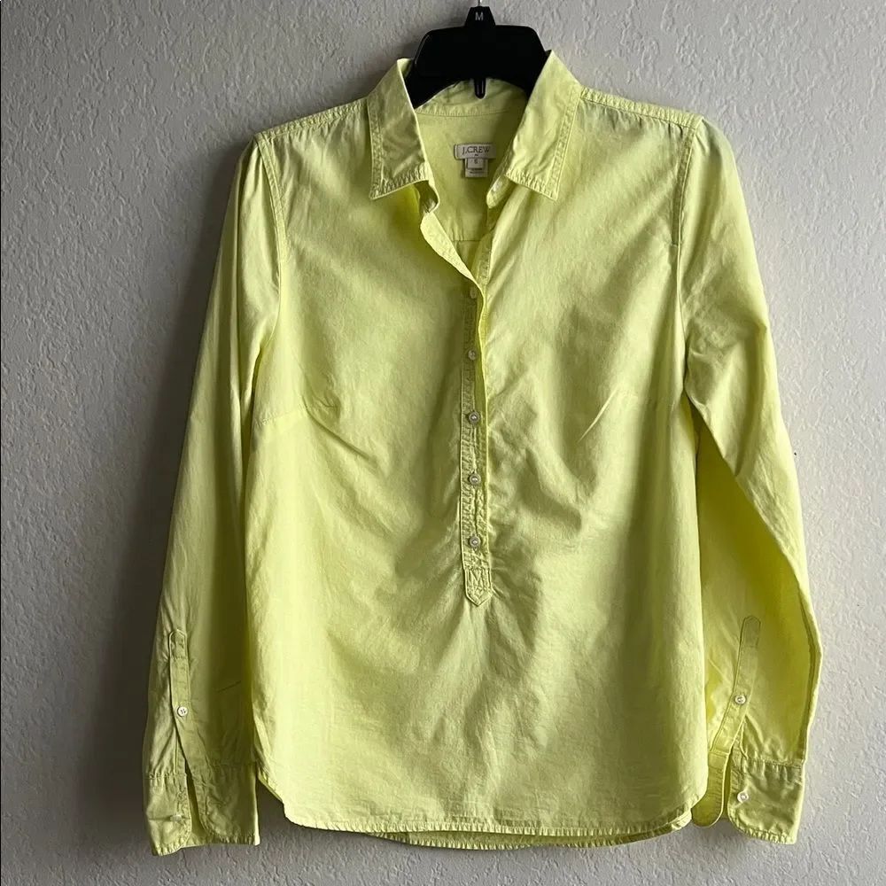 J. CREW Popover Top 3/4 Button Lime Cotton Roll Tab Sleeve Tunic Beach Preppy S